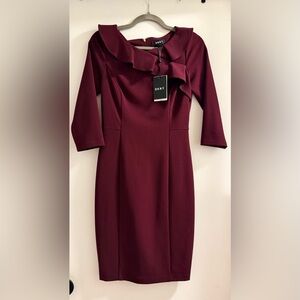 DKNY 3/4 Sleeve Fitted Knee Length Dress in Deep Burgundy Women’s Size 2 NWT